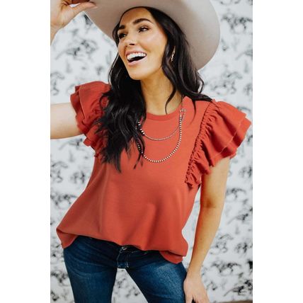 Orange Tiered Ruffled Sleeve Crew Neck T Shirt