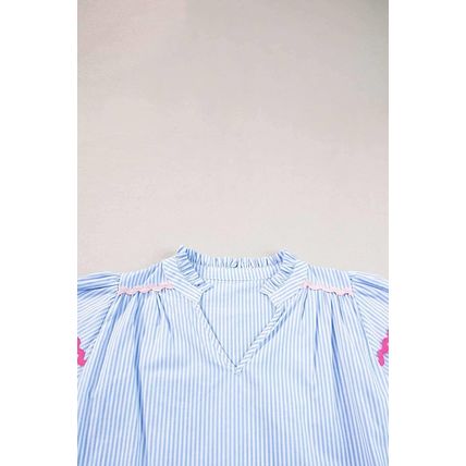 Sky Blue Stripe Ricrac Trim Split Neck Striped Ruffled Sleeve Blouse