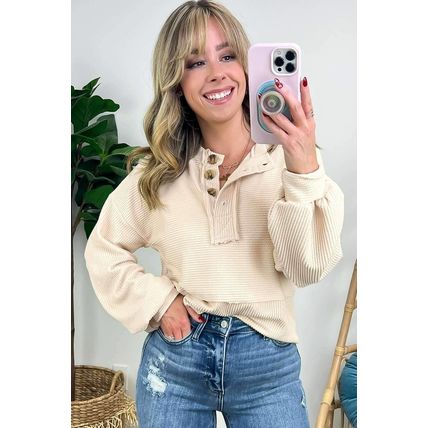 Apricot Corded Texture Lantern Sleeve Buttons Henley Sweatsuit