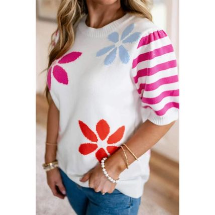 White Floral Pattern Striped Sleeve Sweater T Shirt