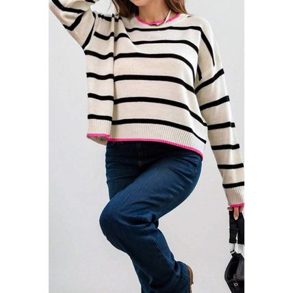 White Stripe Color Contrast Drop Shoulder Crew Neck Sweater