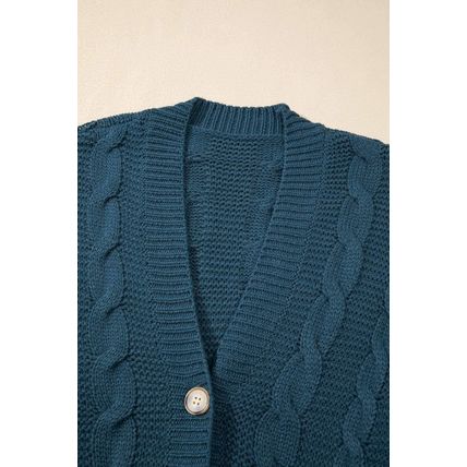 Peacock Blue Cable Knit Button Front Pocketed Baggy Cardigan