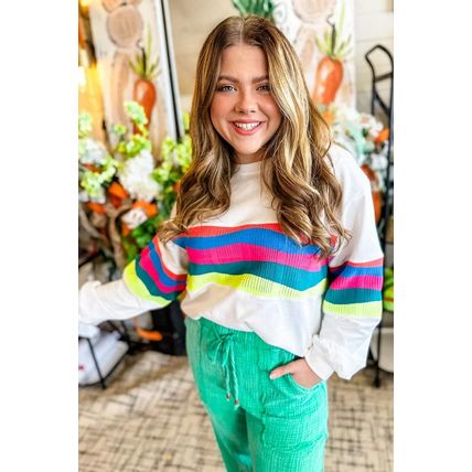 White Plus Size Colorful Striped Drop Shoulder Loose Sweatshirt