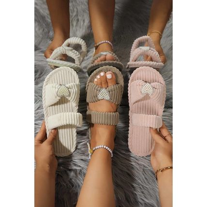 White Pearled Heart Shape Ribbed Flat Slippers