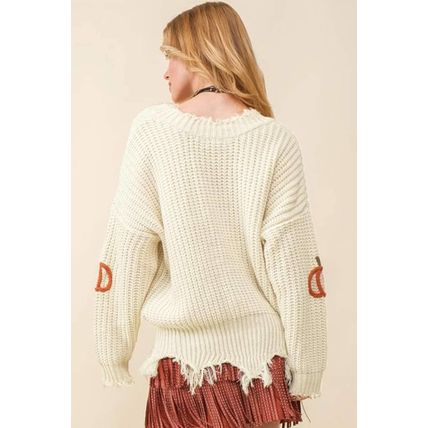 Beige Cable Knit Pumpkin Raw Hem V Neck Loose Sweater