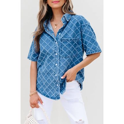 Dusk Blue Checkered Textured Short Sleeve Patched Pocket Denim Shirt