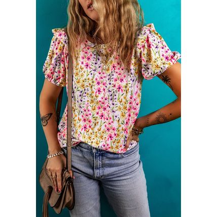 Pink Floral Puff Short Sleeve Crewneck Blouse