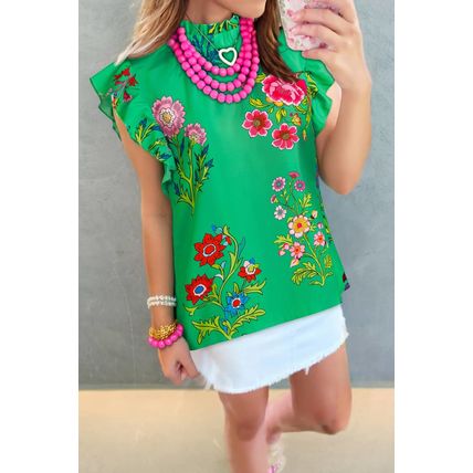 Green Floral Print Flutter Sleeve Frilly Neck Blouse