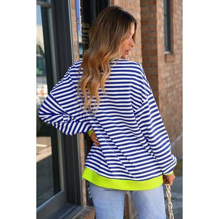 Sky Blue Stripe Striped Contrast Ribbed Trim Drop Shoulder Baggy Sweatshirt
