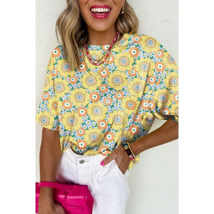 Yellow Summer Flower Printed Drop Shoulder Loose T Shirt