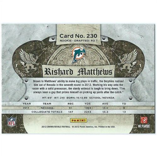 2012 Panini Crown Royale - #230 - Rishard Matthews RC