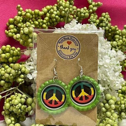 Reggae Peace Symbol Green Bottle Cap Retro 60's Dangle Fish-hook Earrings