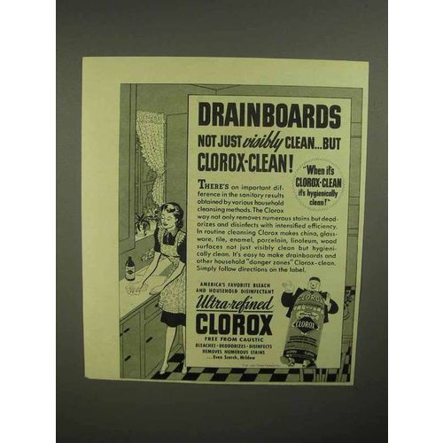 1941 Clorox Bleach Ad - Drainboards Not Just Clean
