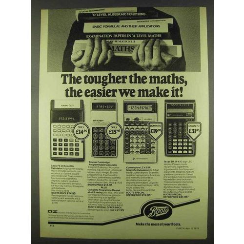 1978 Boots Calculator Ad - Casio FX-29, TI SR 51-II