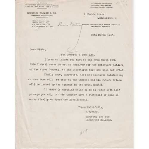 Letter 1946 Kidson & Taylor Accountants concerning debenture stocks see rest
