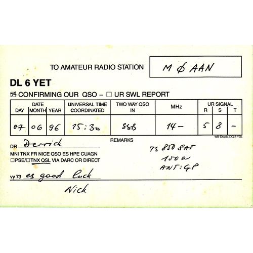 German Amateur Radio QSL Card DL6YET Greven Germany Pfanenstiel 1996
