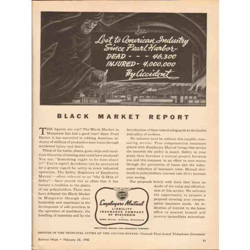 EMPLOYERS MUTUAL FIRE INSURANCE 1943 Black market report vintage ad