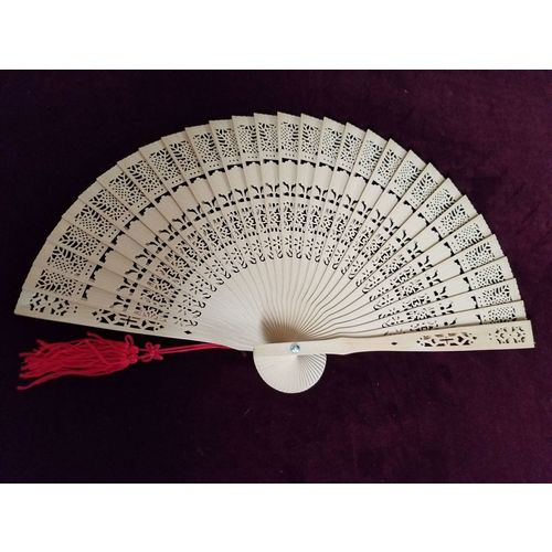 Vintage Sandlewood Intricate carved Fan - Red Tassel