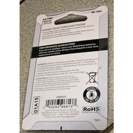 RadioShack 1.2V 2500mAh Ni-MH Recahrgeable AA Phone Battery 2302313 (2-Pack)