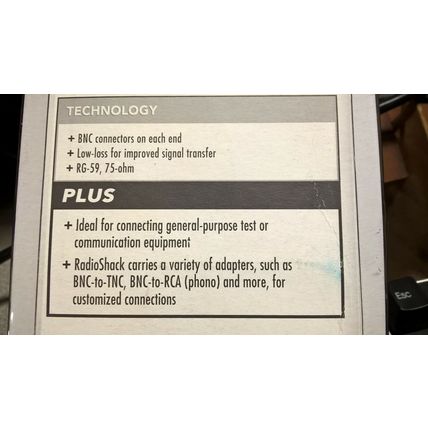 RADIOSHACK 6-FT. RG-59 75Ohm BNC Cable P/N 278-990 2780990