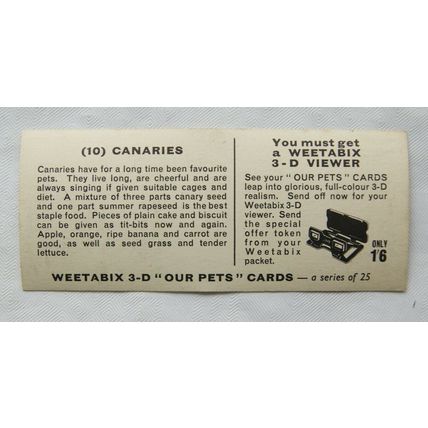 1960s Weetabix 3-D Our Pets Card No. 10 Canaries