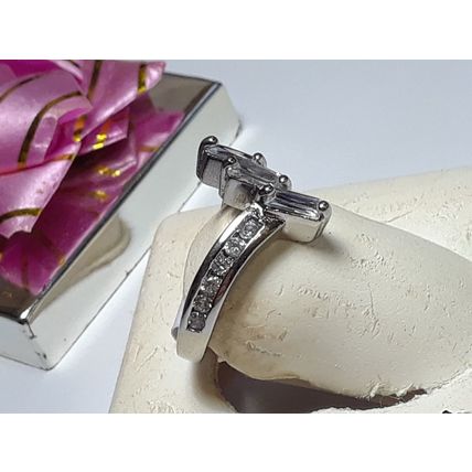 3 Straight Baguette & Round CZ .66cttw offset channel Sterling Silver Ring#17911