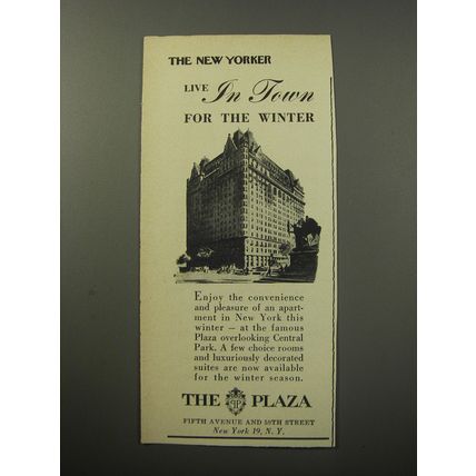 1955 The Plaza Hotel Ad - Live in town for the winter