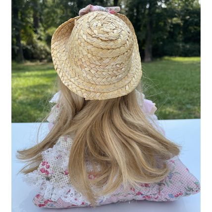 Kneeling Little Girl Porcelain Doll On Pillow W/Floral Lace Dress & Hat W/Bow