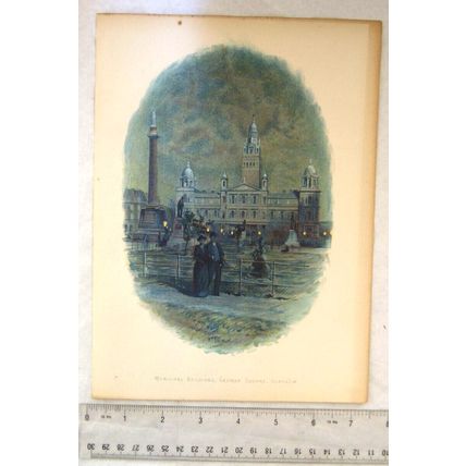 Vintage: coloured engraving - Municipal Buildings, George Square, Glasgow