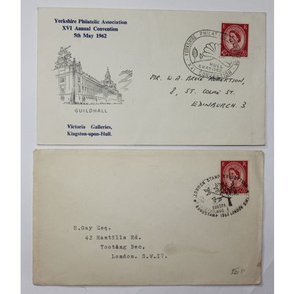 GB 2 covers 1952 London (Euro Stamp) & 1962 Yorkshire (Hull) Stamp Exhibitions