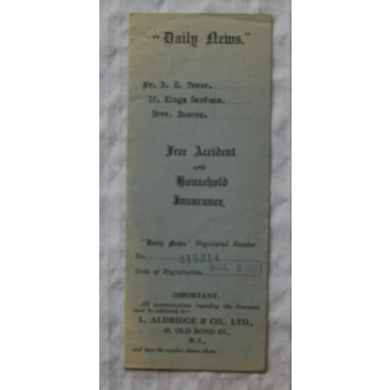 1921 Daily News Free Accident & Household Insurance policy, B. H. Tower, Hove