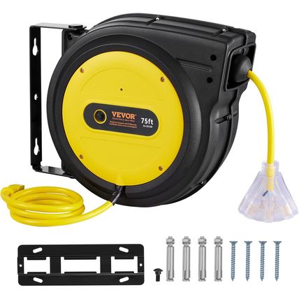 VEVOR 75FT Retractable Extension Cord Reel, 14AWG/3C SJTOW Heavy Duty Power Cord