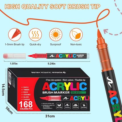 168 Colors Soft Brush Tip Acrylic Paint Markers Set, Pens for Rock, Wood, Fabric