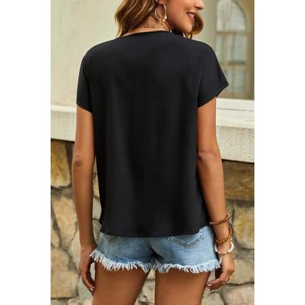 Black Geometric Floret Embroidered Short Sleeve Blouse