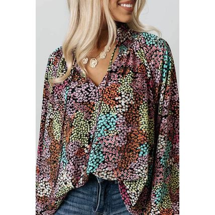 Multicolor Vibrant Floral Tie V Neck Puff Sleeve Blouse