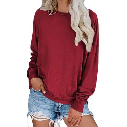 Wine Red Solid Crew Neck Pullover Sweatshirt