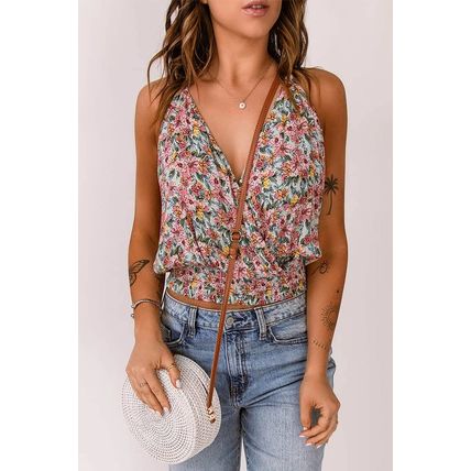 Multicolor Wrapped V Neck Floral Tank Crop Top