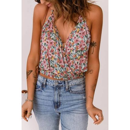 Multicolor Wrapped V Neck Floral Tank Crop Top