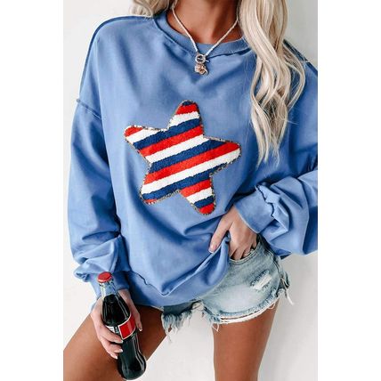 Sky Blue Sequin Trim Embroidered Star USA Pattern Sweatshirt