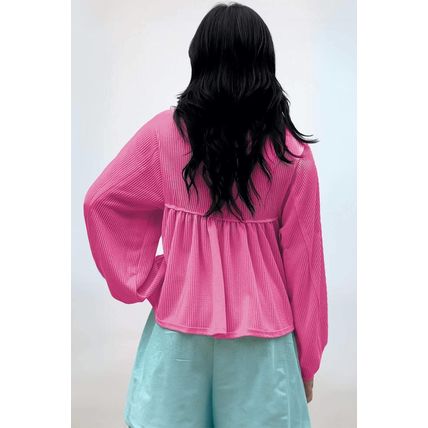 Bright Pink Corded Turn-down V Neck Bubble Sleeve Babydoll Blouse