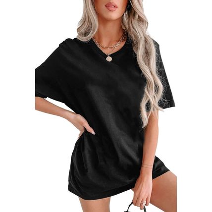 Black Solid Color Round Neck Basic Tunic T Shirt
