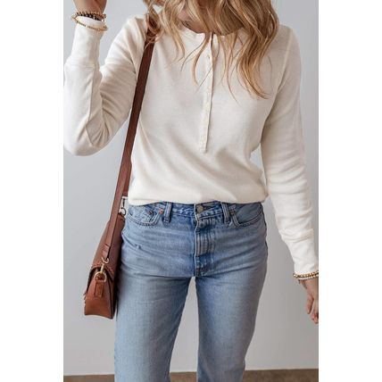 White Solid Color Waffle Half Button Long Sleeve Top