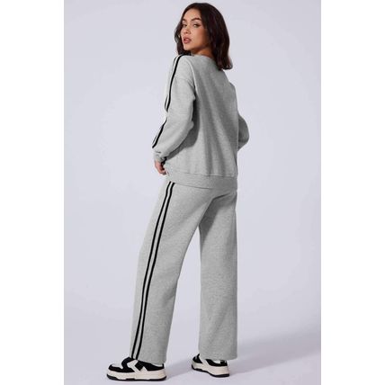 Light Grey Solid Color Side Striped Sweatshirt Active Set