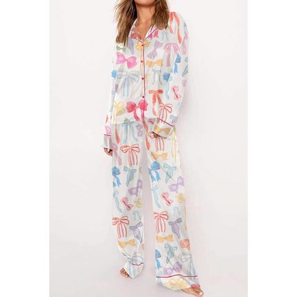 White Bow Knot Print Lapel Collar Wide Leg Satin Pajama Set