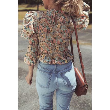 Yellow Floral Print Smocked Bubble Sleeve Ruffled Crop Top