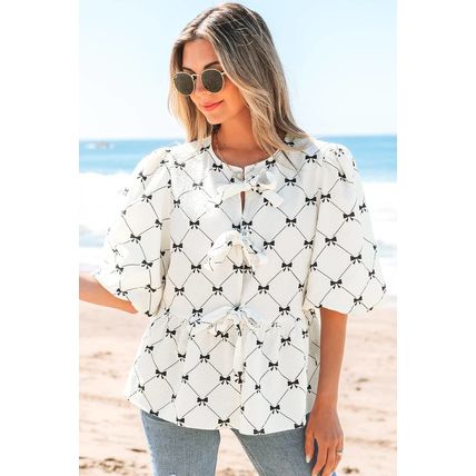 White Bowknot Print Front Knots Bubble Sleeve Blouse