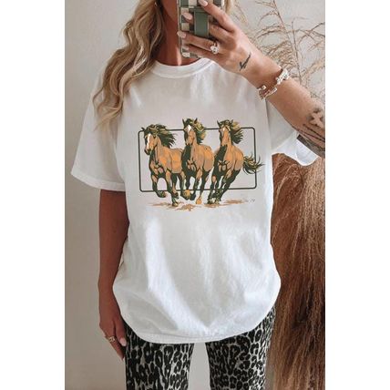 White Texas Horse Graphic Cuffed Sleeve Graphic T Shirt