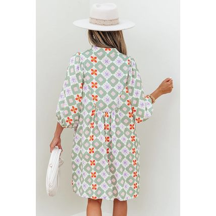 Green Geometric Floral Print 3/4 Sleeve Notched Neck Mini Dress