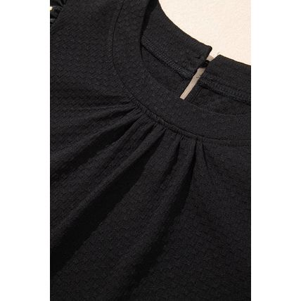 Black Feather Bubble Sleeve Patchwork Textured Blouse