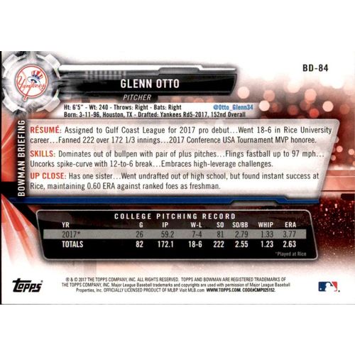 2017 Bowman Draft Baseball Glenn Otto #BD84